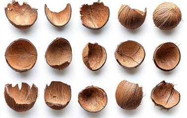 Poster - Various Stages of Coconut Shells Showing Texture and Patterns on a White Background for Natural Decor and Sustainable Design Inspiration