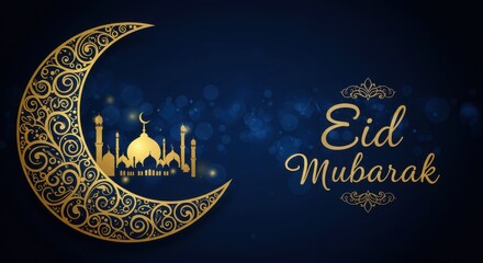 Poster - A festive design for celebrating Eid Mubarak a crescent moon with golden traditional swirls patterns Inside the crescent moon a silhouette of a mosque background is deep blue with bokeh light