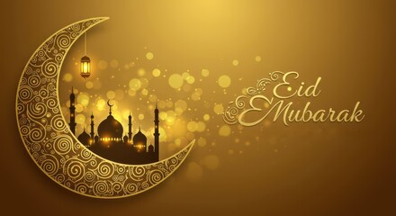 Poster - A festive design for celebrating Eid Mubarak a crescent moon with golden traditional swirls patterns Inside the crescent moon a silhouette of a mosque background is golden with bokeh light