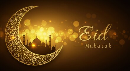 Poster - A festive design for celebrating Eid Mubarak a crescent moon with golden traditional swirls patterns Inside the crescent moon a silhouette of a mosque background is golden with bokeh light