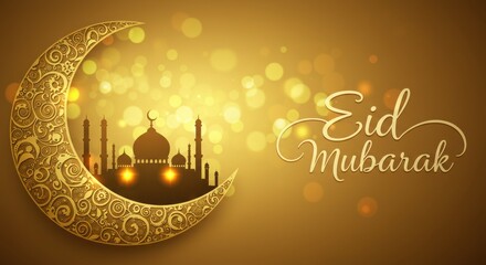 Poster - A festive design for celebrating Eid Mubarak a crescent moon with golden traditional swirls patterns Inside the crescent moon a silhouette of a mosque background is golden with bokeh light