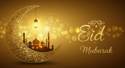 Poster - A festive design for celebrating Eid Mubarak a crescent moon with golden traditional swirls patterns Inside the crescent moon a silhouette of a mosque background is golden with bokeh light