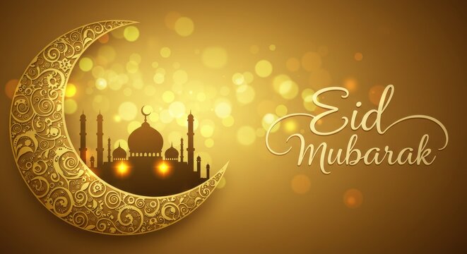 A festive design for celebrating Eid Mubarak a crescent moon with golden traditional swirls patterns Inside the crescent moon a silhouette of a mosque background is golden with bokeh light
