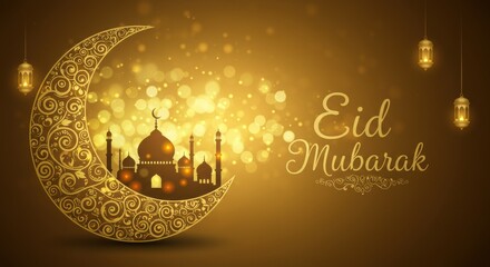 Poster - A festive design for celebrating Eid Mubarak a crescent moon with golden traditional swirls patterns Inside the crescent moon a silhouette of a mosque background is golden with bokeh light
