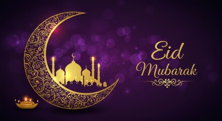Poster - A festive design for celebrating Eid Mubarak a crescent moon with golden traditional swirls patterns Inside the crescent moon a silhouette of a mosque background is deep purple with bokeh light