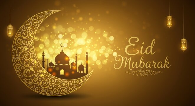 A festive design for celebrating Eid Mubarak a crescent moon with golden traditional swirls patterns Inside the crescent moon a silhouette of a mosque background is golden with bokeh light