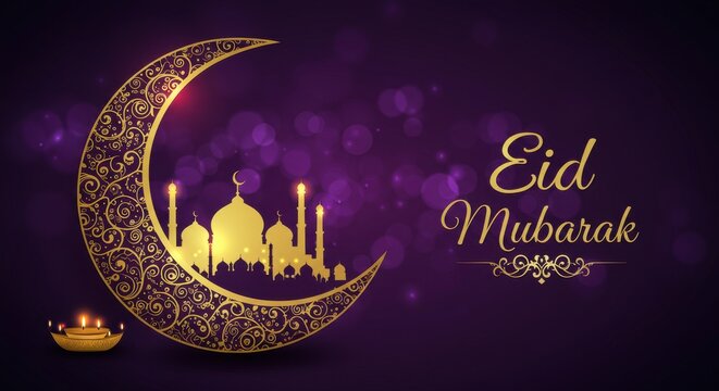 A festive design for celebrating Eid Mubarak a crescent moon with golden traditional swirls patterns Inside the crescent moon a silhouette of a mosque background is deep purple with bokeh light