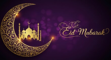 Poster - A festive design for celebrating Eid Mubarak a crescent moon with golden traditional swirls patterns Inside the crescent moon a silhouette of a mosque background is deep purple with bokeh light