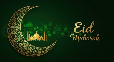 Poster - A festive design for celebrating Eid Mubarak a crescent moon with golden traditional swirls patterns Inside the crescent moon a silhouette of a mosque background is deep green with bokeh light
