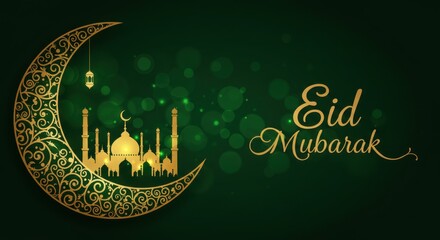 Poster - A festive design for celebrating Eid Mubarak a crescent moon with golden traditional swirls patterns Inside the crescent moon a silhouette of a mosque background is deep green with bokeh light