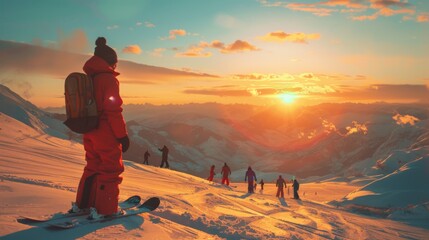 Aufkleber - A skier in bright red gear stands still on a snowy slope, watching the sunset while other snowboarders enjoy their descent. The sky is filled with vibrant colors.