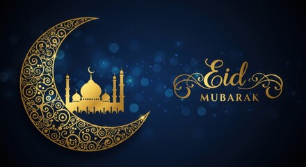 Poster - A festive design for celebrating Eid Mubarak a crescent moon with golden traditional swirls patterns Inside the crescent moon a silhouette of a mosque background is deep blue with bokeh light