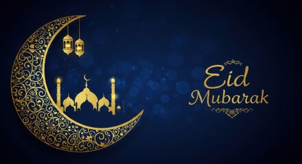 Poster - A festive design for celebrating Eid Mubarak a crescent moon with golden traditional swirls patterns Inside the crescent moon a silhouette of a mosque background is deep blue with bokeh light