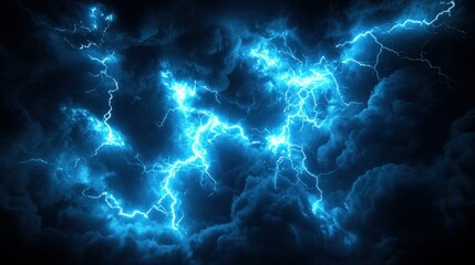 Intense blue lightning flashes across dark, ominous storm clouds