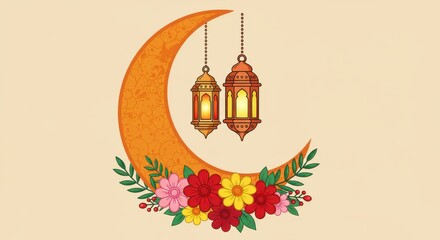 Poster - A colorful illustration of a crescent moon adorned with intricate details and flowers there are two traditional lanterns hanging from the top of the crescent moon design for Ramadan celebration