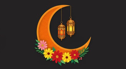 Poster - A colorful illustration of a crescent moon adorned with intricate details and flowers there are two traditional lanterns hanging from the top of the crescent moon design for Ramadan celebration