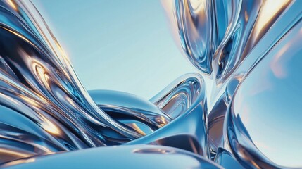 Poster - Swirling undulating forms in metallic silver and blue display captivating reflections under a clear, bright sky. The smooth surface creates an illusion of depth and motion, inviting exploration