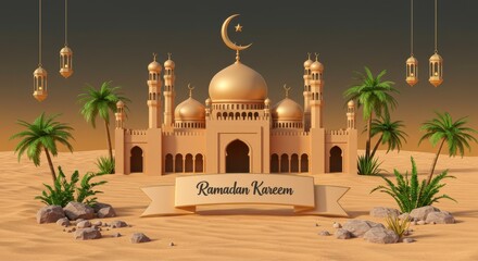 Poster - A beautiful illustration of a mosque during the holy month of Ramadan a large dome and several minaret in a warm golden color a crescent moon is positioned above the mosque Ramadan Kareem is written