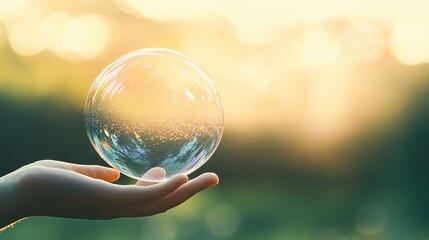 Wall Mural - a hand holding a soap bubble in front of a fuzzy background of green grass and trees