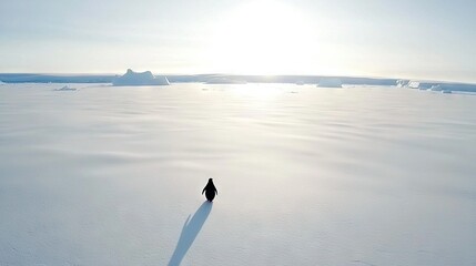 Wall Mural - a solitary bird stands amidst an expansive snowfield, surrounded by towering icebergs in the distanc