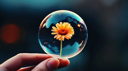 Wall Mural - a macro image captures a person cradling a flower-infused soap sphere against a vibrant azure backdr