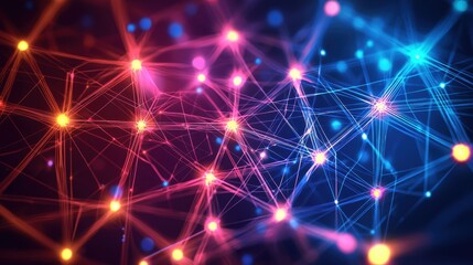 Poster - Glowing nodes and lines form a vibrant network against a dark background, creating an abstract representation of digital connections and interactions