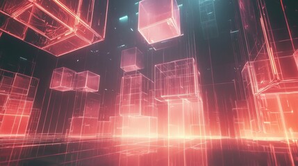 Poster - Vivid floating cubes of light illuminate a dark digital space, creating a mesmerizing atmosphere that evokes feelings of innovation and technology