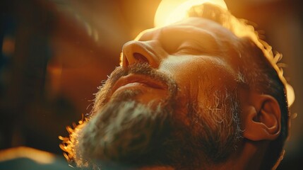 Poster - A bearded man relaxes, eyes closed, basking in the warm glow of sunlight. The atmosphere is soothing as he savors a moment of peace and serenity in an inviting indoor space.