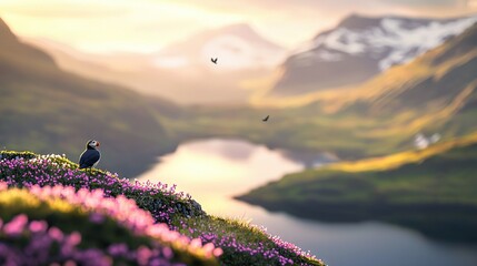 Wall Mural - a bird perched on a verdant hilltop, overlooking a serene body of water and majestic mountains in th
