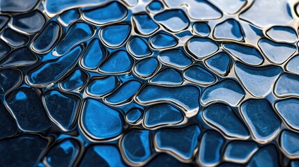 Poster - Droplets of clear water gather on a glossy surface, reflecting light in shades of blue. The arrangement forms an organic, textured pattern, capturing the beauty of nature