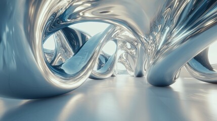 Poster - Intricate metallic forms twist and turn in a contemporary gallery space, reflecting light and creating a dynamic visual experience. The bright atmosphere enhances the sculpture's design