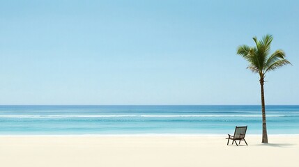 Wall Mural - a beach with a palm tree and a chair in the foreground and a vast expanse of water in the background
