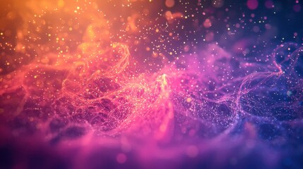 Fototapete - An abstract display of colorful particles is swirling in shades of purple and orange. Illuminated waves create a mesmerizing visual effect, resembling a vibrant cosmic scene