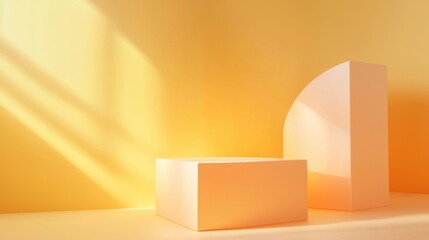 Poster - Soft, warm yellow light illuminates two geometric shapes, a cube and a semi-circle, positioned gracefully on a surface, enhancing a minimalistic aesthetic