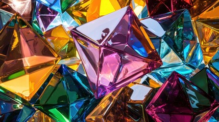 Poster - A collection of glass pyramids in various colors and sizes rests together. Their surfaces catch and reflect light, creating a stunning mosaic of hues that captivates the eye