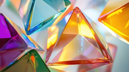 Poster - Vibrant glass triangles in various colors catch and reflect light in an artistic arrangement. The radiant hues create a dynamic and captivating visual experience