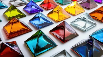Poster - A vibrant arrangement of glass pyramids in various colors fills the surface, reflecting light and creating a stunning visual display. The careful placement emphasizes their geometric shapes