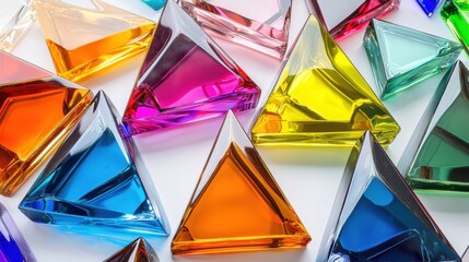 Poster - Various glass prisms in vibrant colors are artfully arranged on a white surface, reflecting light and creating a captivating display in natural daylight
