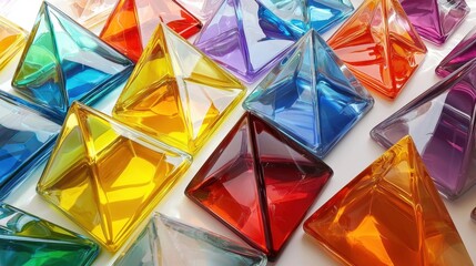 Poster - Brightly colored glass pyramids are creatively arranged, reflecting various hues and creating a visually appealing display