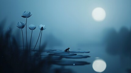 Wall Mural - a person sat on a body of water's edge, surrounded by water lilies under the full moon