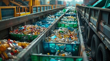 Poster - Sorting facility is busy with numerous containers filled with various types of plastic waste, showcasing the recycling process and environmental efforts taking place during the day.