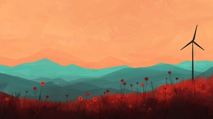 Wall Mural - red flowers surround wind turbine on mountaintop