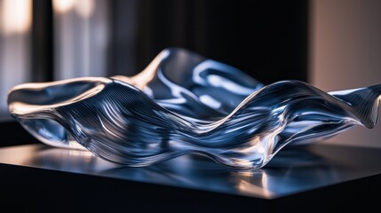 Poster - A stunning glass sculpture captures light beautifully, showcasing graceful curves and reflections. The soft lighting enhances the artwork's delicate design and contemporary feel