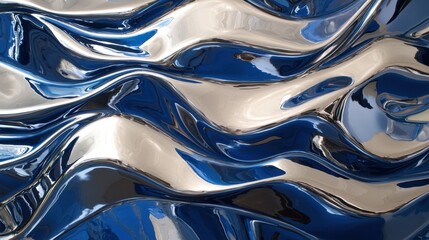 Poster - A dynamic arrangement of metallic waves in blue and silver creates an eye-catching visual. The reflective surface captures light and adds depth to the contemporary art piece