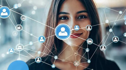 Poster - Connections represented through icons overlay on biracial woman's face in a modern setting, network of connections with icons over biracial businessman having video call