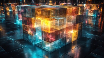 conceptual vision of ai memories represented as glowing geometric prisms stacked infinitely constant