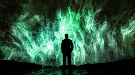 Poster - A figure stands silhouetted against a mesmerizing green light display, creating an enchanting atmosphere at night in an urban area