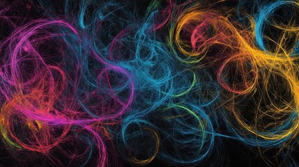 Poster - Bright swirls of pink, blue, yellow, and orange dance against a dark background, showcasing an intricate web of colors that evoke energy and emotion