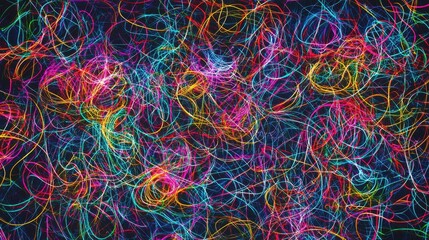 Poster - Swirls of colorful lines interweave dynamically, creating a lively and energetic pattern. The contrast with the dark background enhances the vibrancy of the colors