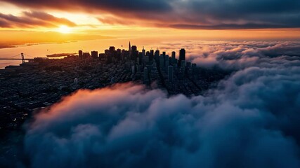 Poster - Breathtaking aerial view of San Francisco at sunset with clouds and city skyline, Beautiful San Francisco From The Sky